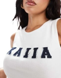 Kaiia Denim Applique Logo Longline Vest Top In White For Women -Kaiia Online Shop 206885843 3