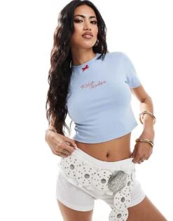 Kaiia Rodeo Bow Detail Baby Tee In Baby Blue For Women