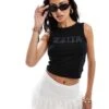 Kaiia Denim Applique Logo Longline Vest Top In Black For Women -Kaiia Online Shop 206885886 1 black