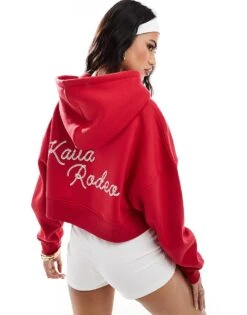 Kaiia Rodeo Logo Cropped Hoodie In Red For Women -Kaiia Online Shop 206885892 1 red 1