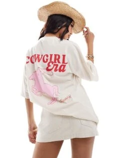Kaiia Cowgirl Era Logo Back Print Oversized T-shirt In Cream For Women -Kaiia Online Shop 206885893 1 cream 1