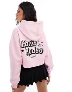 Kaiia Rodeo Bubble Logo Cropped Hoodie In Pink For Women