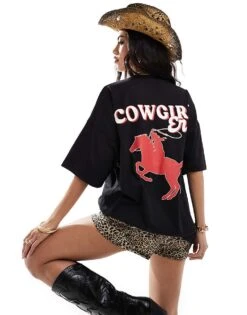 Kaiia Cowgirl Era Logo Back Print Oversized T-shirt In Black For Women -Kaiia Online Shop 206885953 1 black 1