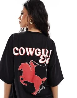 Kaiia Cowgirl Era Logo Back Print Oversized T-shirt In Black For Women -Kaiia Online Shop 206885953 4