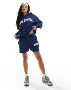 Kaiia Applique Logo Oversized Hoodie And Sweat Shorts Co-ord In Denim Blue