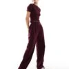 Kaiia Fitted T-shirt And Wide Leg Joggers Co-ord In Burgundy -Kaiia Online Shop 206901045 group 1