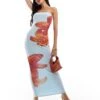 Kaiia Mesh Bandeau Maxi Dress In Light Blue And Orange Lily Print For Women -Kaiia Online Shop 207074813 1 blueandorange