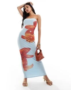 Kaiia Mesh Bandeau Maxi Dress In Light Blue And Orange Lily Print For Women