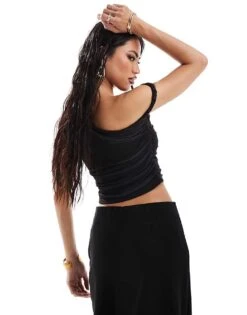 Kaiia Mesh Off Shoulder Top In Black And Purple Flower Print For Women -Kaiia Online Shop 207074833 4