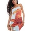 Kaiia Mesh Bandeau Mini Dress In Light Blue And Orange Lily Print For Women -Kaiia Online Shop 207074843 1 blueandorange