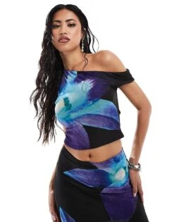 Kaiia Mesh Off Shoulder Top And Maxi Skirt Co-ord In Black And Blue Flower Print -Kaiia Online Shop 207074863 1 blackandblue