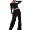 Kaiia Ribbed Ruched Bardot Off Shoulder Top And Wide Leg Trousers Co-ord In Black -Kaiia Online Shop 207087338 4
