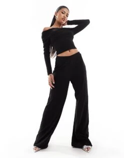 Kaiia Ribbed Ruched Bardot Off Shoulder Top And Wide Leg Trousers Co-ord In Black