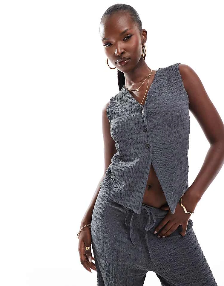 Kaiia Textured Waistcoat And Wide Leg Trousers Co-ord In Slate Grey 5 Kaiia Textured Waistcoat And Wide Leg Trousers Co-ord In Slate Grey - Image 3