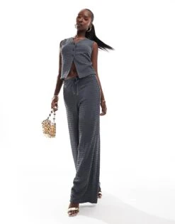 Kaiia Textured Waistcoat And Wide Leg Trousers Co-ord In Slate Grey