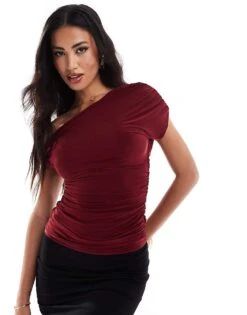 Kaiia Slinky Drape Off Shoulder Top In Burgundy For Women -Kaiia Online Shop 207087374 1 burgundy 1