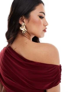 Kaiia Slinky Drape Off Shoulder Top In Burgundy For Women -Kaiia Online Shop 207087374 4