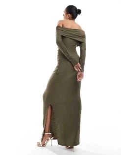 Kaiia Off Shoulder Bandeau Maxi Dress In Olive Green For Women -Kaiia Online Shop 207087384 4
