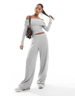 Kaiia Fold Detail Ribbed Bardot Top And Wide Leg Trousers Co-ord In Grey Marl 9 Kaiia Fold Detail Ribbed Bardot Top And Wide Leg Trousers Co-ord In Grey Marl -Kaiia Online Shop 207087426 1 greymarl 1