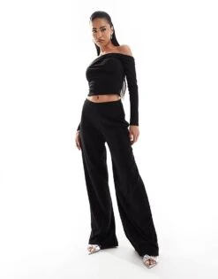 Kaiia Slinky Ruched Bardot Off Shoulder Top And Wide Leg Trousers Co-ord In Black -Kaiia Online Shop 207087436 1 black 2