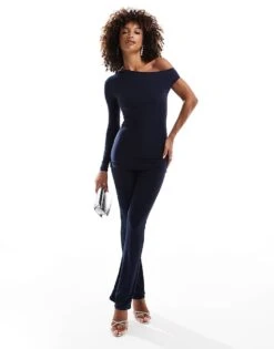 Kaiia Slinky Off Shoulder Long Sleeve Top And Flared Trouser Co-ord In Navy