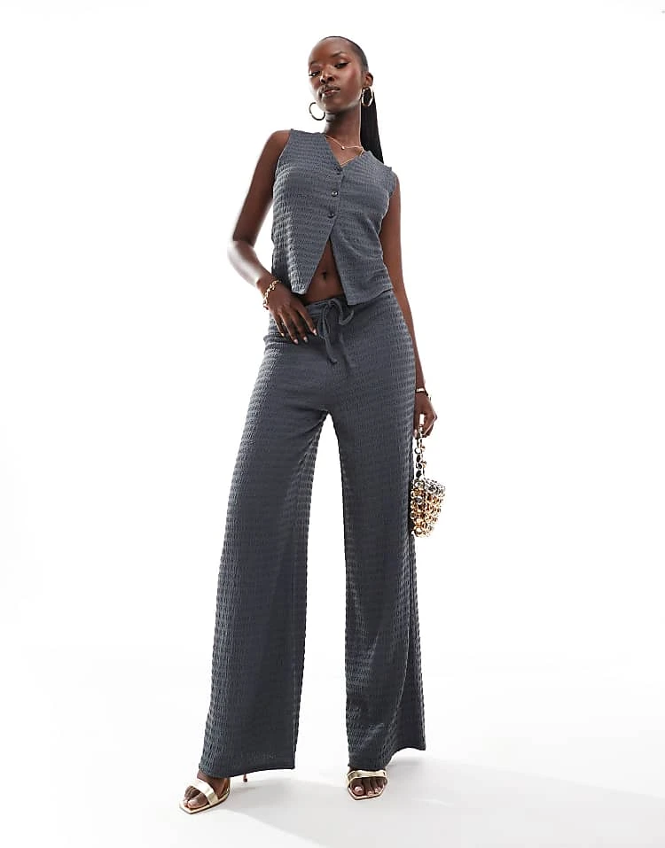 Kaiia Textured Waistcoat And Wide Leg Trousers Co-ord In Slate Grey 4 Kaiia Textured Waistcoat And Wide Leg Trousers Co-ord In Slate Grey - Image 2