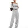 Kaiia Fold Detail Ribbed Bardot Top And Wide Leg Trousers Co-ord In Grey Marl -Kaiia Online Shop 207087482 3