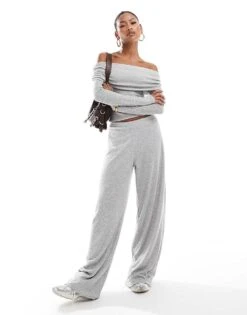 Kaiia Fold Detail Ribbed Bardot Top And Wide Leg Trousers Co-ord In Grey Marl