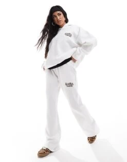 Kaiia Wide Leg Leopard Logo Joggers Co-ord In Cream For Women