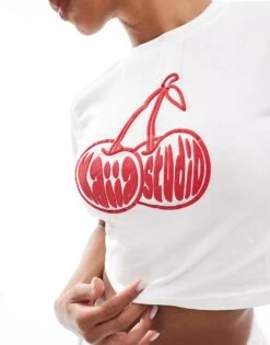 Kaiia Cropped Cherry Motif Baby Tee In Cream For Women -Kaiia Online Shop 207088246 2