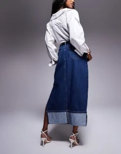 Kaiia Turned Up Hem Maxi Skirt In Indigo Wash For Women Indigo Blue -Kaiia Online Shop 207088336 4