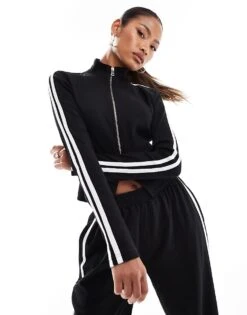 Kaiia Ribbed Zip Up Stripe Sleeve Jumper Co-ord In Black For Women -Kaiia Online Shop 207088396 1 black 1