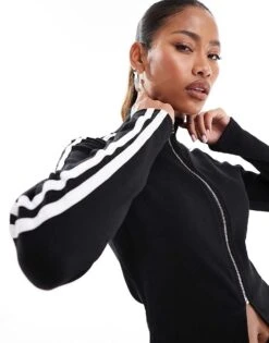 Kaiia Ribbed Zip Up Stripe Sleeve Jumper Co-ord In Black For Women -Kaiia Online Shop 207088396 3