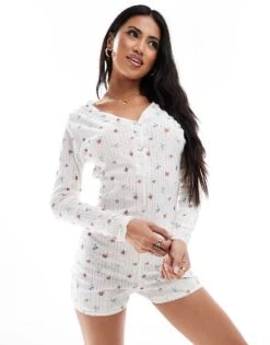 Kaiia Button Through Pointelle All In One Unitard In Cream Ditsy For Women White -Kaiia Online Shop 207097926 1 white 1