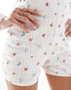 Kaiia Button Through Pointelle All In One Unitard In Cream Ditsy For Women White -Kaiia Online Shop 207097926 3