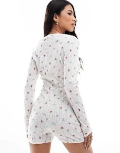 Kaiia Button Through Pointelle All In One Unitard In Cream Ditsy For Women White -Kaiia Online Shop 207097926 4