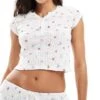 Kaiia Mix And Match Pointelle Short Sleeve Button Through Pyjama Top In Cream Ditsy For Women White