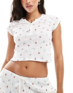 Kaiia Mix And Match Pointelle Short Sleeve Button Through Pyjama Top In Cream Ditsy For Women White