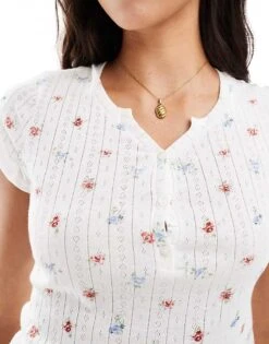 Kaiia Mix And Match Pointelle Short Sleeve Button Through Pyjama Top In Cream Ditsy For Women White -Kaiia Online Shop 207097965 3