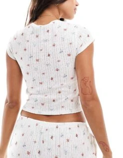 Kaiia Mix And Match Pointelle Short Sleeve Button Through Pyjama Top In Cream Ditsy For Women White -Kaiia Online Shop 207097965 4