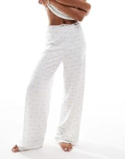 Kaiia Wide Leg Pyjama Bottoms Co-ord In Cream And Blue Bow Print With Lace Trim For Women Cream / Blue -Kaiia Online Shop 207097975 1 creamblue 1