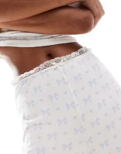 Kaiia Wide Leg Pyjama Bottoms Co-ord In Cream And Blue Bow Print With Lace Trim For Women Cream / Blue -Kaiia Online Shop 207097975 3