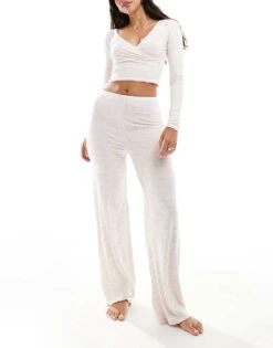 Kaiia Wrap Front Long Sleeve Pyjama Top Co-ord In Cream And Pink Bow Print For Women