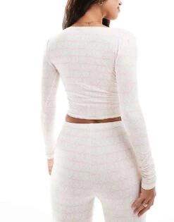 Kaiia Wrap Front Long Sleeve Pyjama Top Co-ord In Cream And Pink Bow Print For Women -Kaiia Online Shop 207098008 3