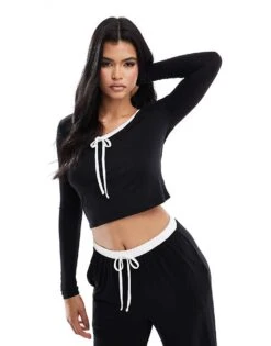 Kaiia Bow Detail Contrast Trim Long Sleeve Pyjama Top Co-ord In Black For Women -Kaiia Online Shop 207098021 1 black 1