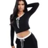 Kaiia Bow Detail Contrast Trim Long Sleeve Pyjama Top Co-ord In Black For Women -Kaiia Online Shop 207098021 1 black