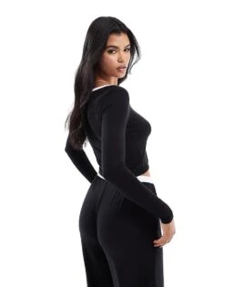 Kaiia Bow Detail Contrast Trim Long Sleeve Pyjama Top Co-ord In Black For Women -Kaiia Online Shop 207098021 3