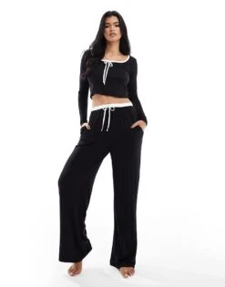 Kaiia Bow Detail Contrast Trim Long Sleeve Pyjama Top Co-ord In Black For Women -Kaiia Online Shop 207098021 4