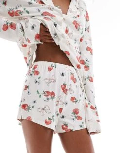 Kaiia Mix And Match Square Neck Long Sleeve Pj Top, Shirt, Shorts And Scrunchie Co-ord In Strawberry And Bow Print -Kaiia Online Shop 207098061 1 white