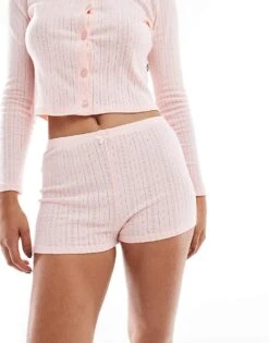 Kaiia Pointelle Long Sleeve Top And Shorts Pyjama Set In Pink -Kaiia Online Shop 207098081 1 pink